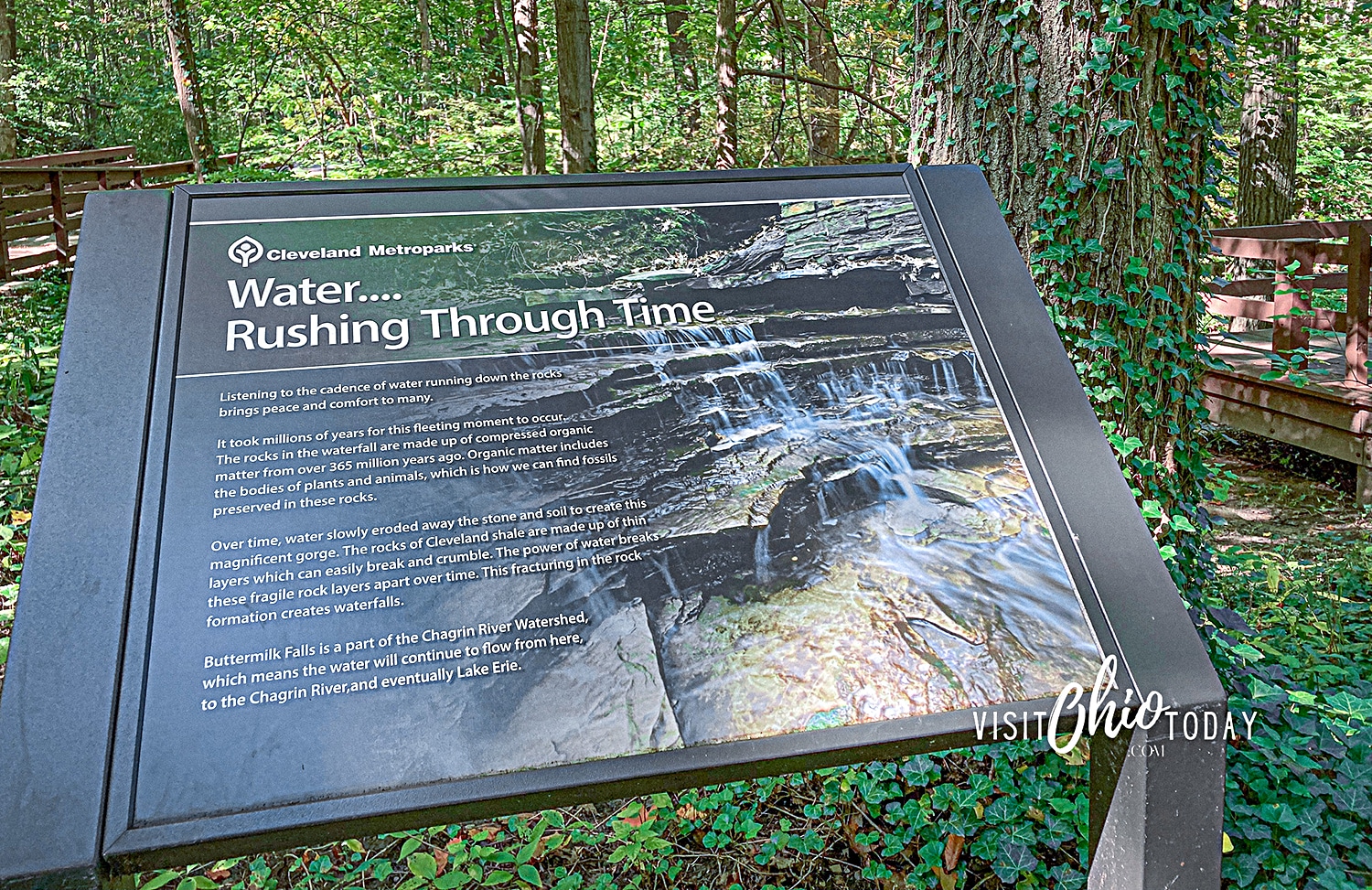 horizontal image of the information board at Buttermilk Falls. Photo credit: Cindy Gordon of VisitOhioToday.com