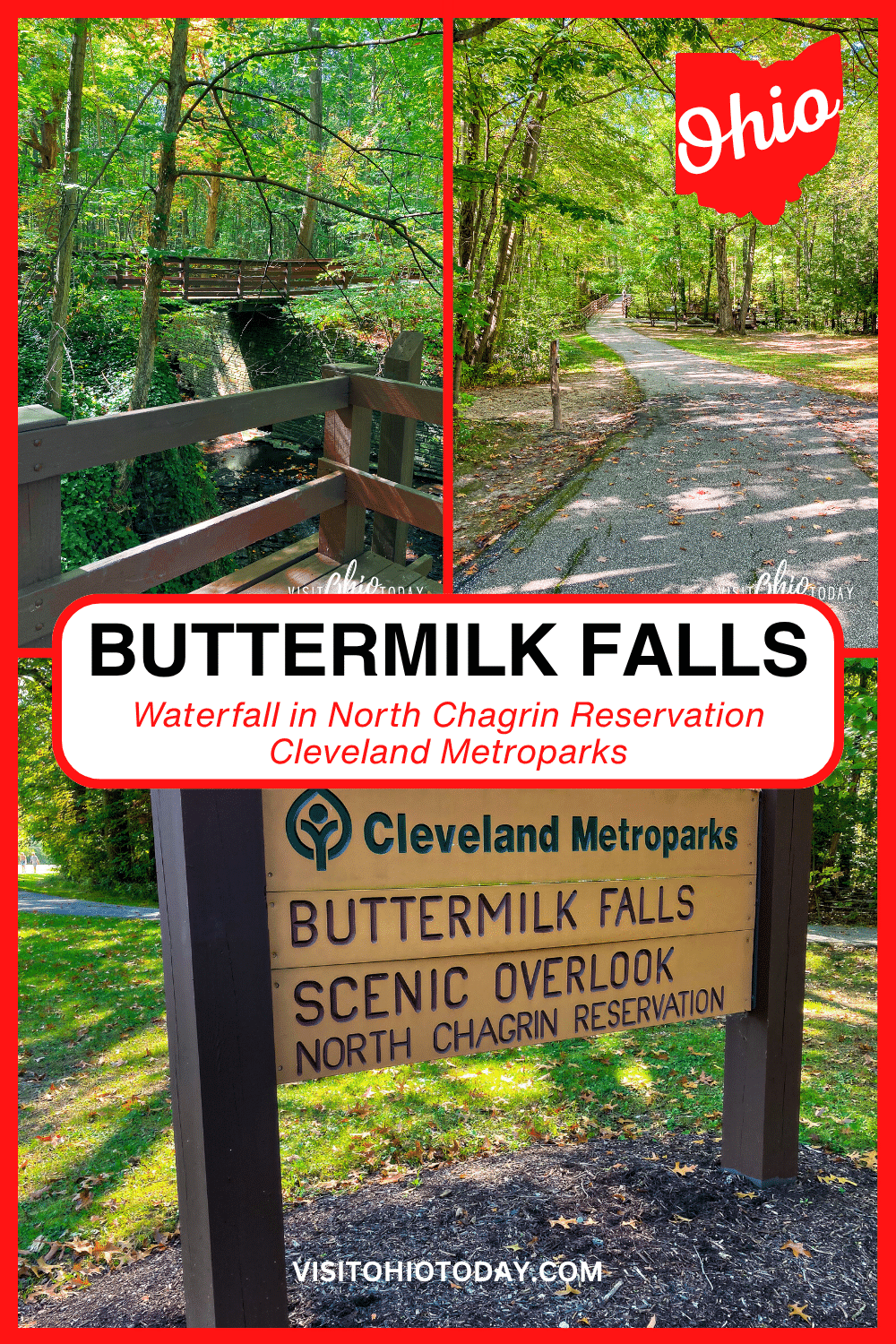 Buttermilk Falls is in the North Chagrin Reservation of Cleveland Metroparks. There is a scenic overlook to take in all the surrounding beauty.