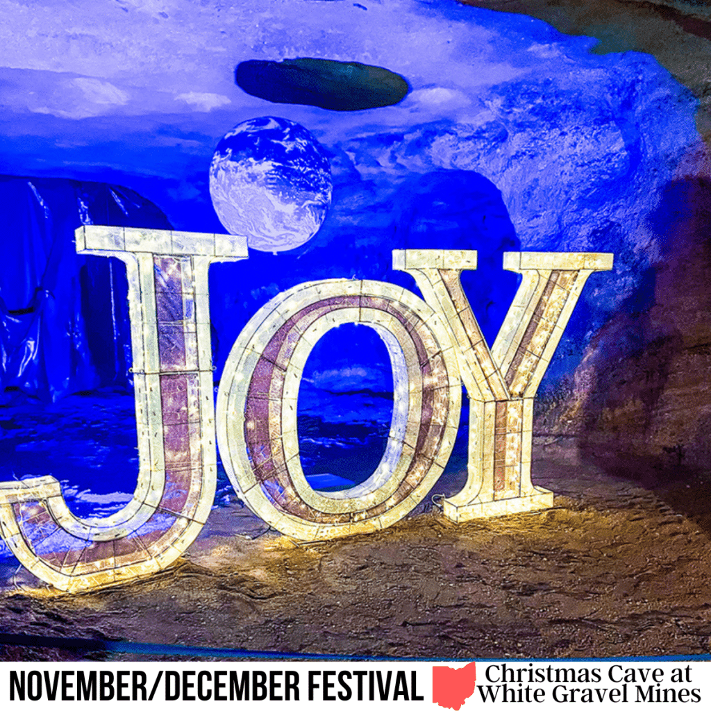 square image with a photo of the word Joy illuminated in the Christmas Cave at White Gravel Mines