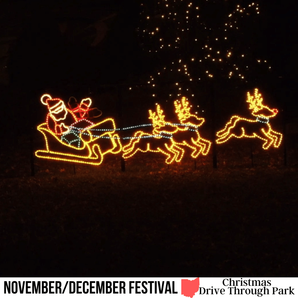 square image with a photo of a light display of santa and his reindeer at the Christmas Drive Through Park