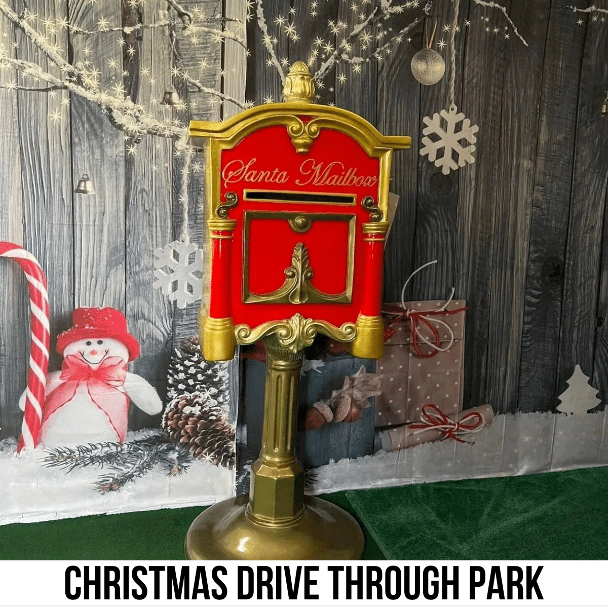square image with a photo of Santa's mail box at the Christmas Drive Through Park