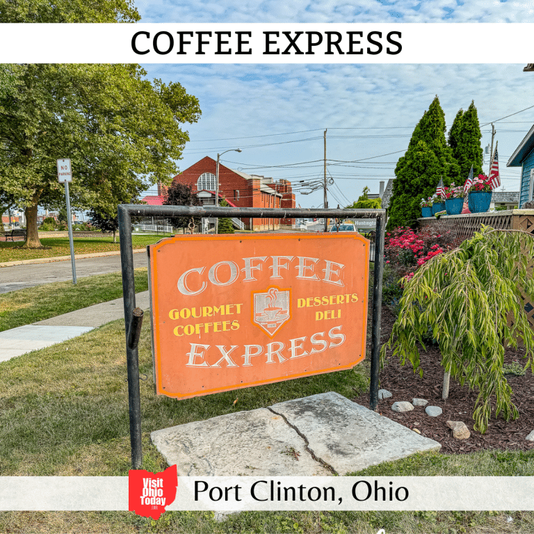 square image with a photo of the welcome sign outside the Coffee Express shop in Port Clinton