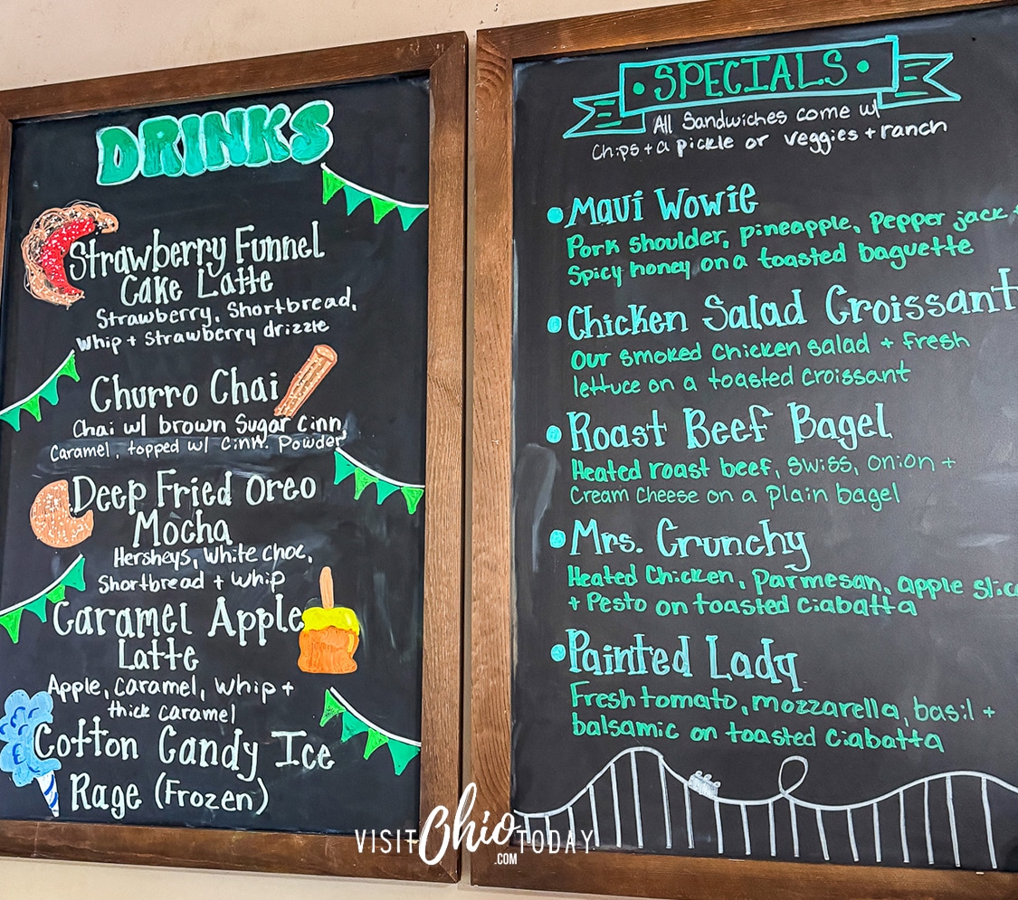 horizontal photo of the menu boards at Coffee Express. Photo credit: Cindy Gordon of VisitOhioToday.com