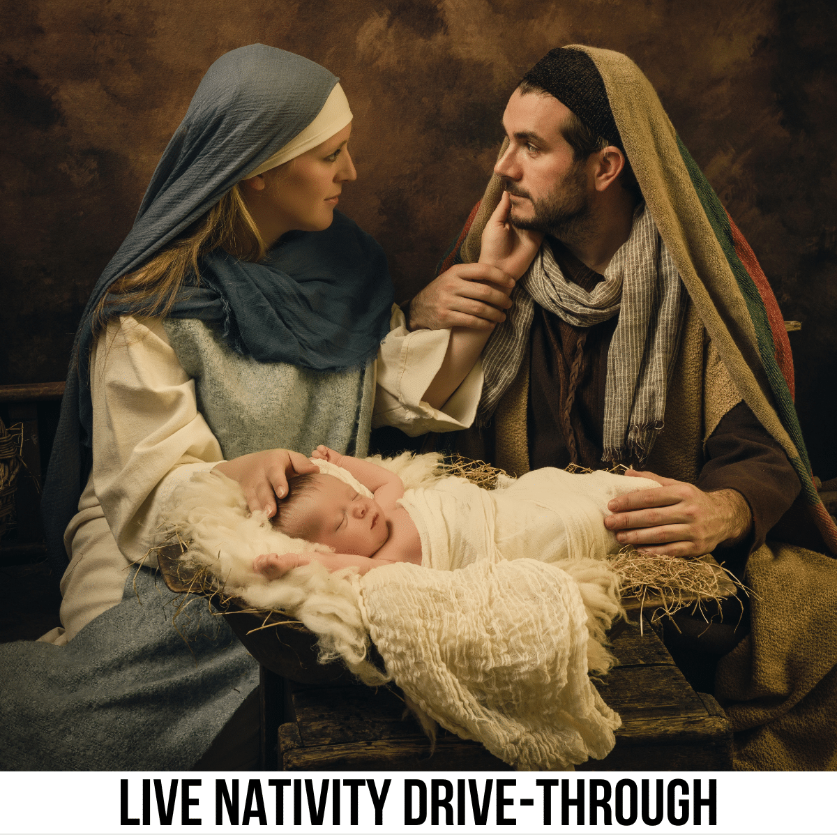 square image with a photo of a live nativity scene with Mary, Joseph, and baby Jesus