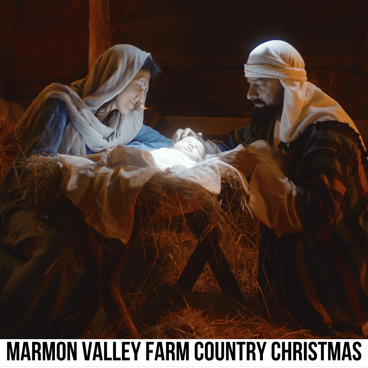 square image with a photo of Mary and Joseph at the manger of Jesus