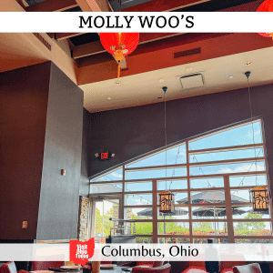 square image with a photo of the inside of the restaurant, looking out to the patio. A white strip across the top has the text Molly Woo's, and a white strip across the bottom has the text Columbus, Ohio
