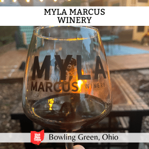 square image with a photo of a Myla Marcus wine glass containing red wine