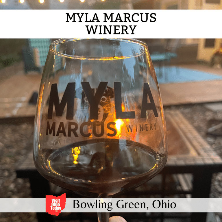 square image with a photo of a Myla Marcus wine glass containing red wine