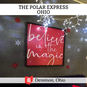 square image with a photo of a picture in the Polar Express Train 'Believe in the Magic'
