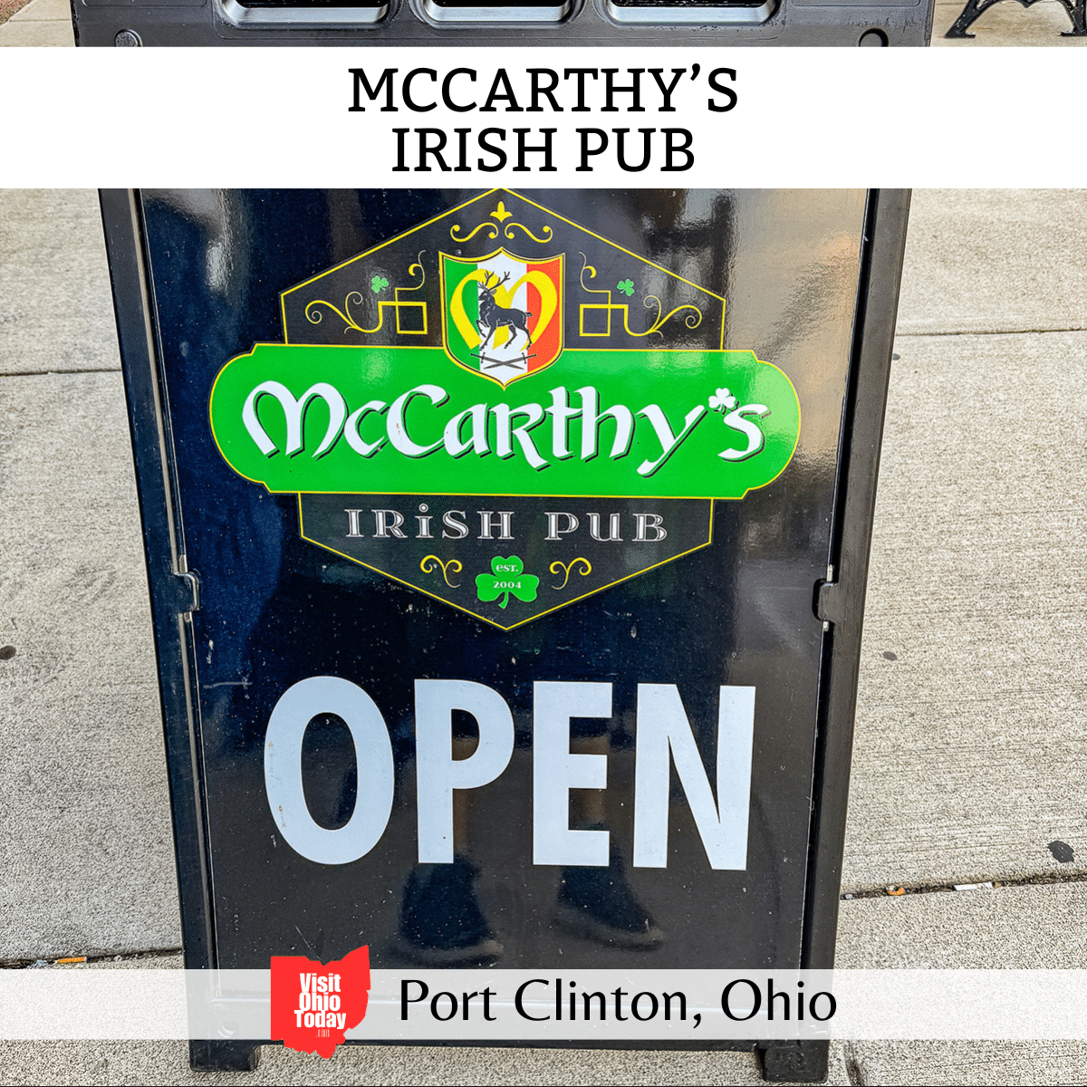 square image with a photo of the 'Open' sign outside McCarthy's Irish Pub