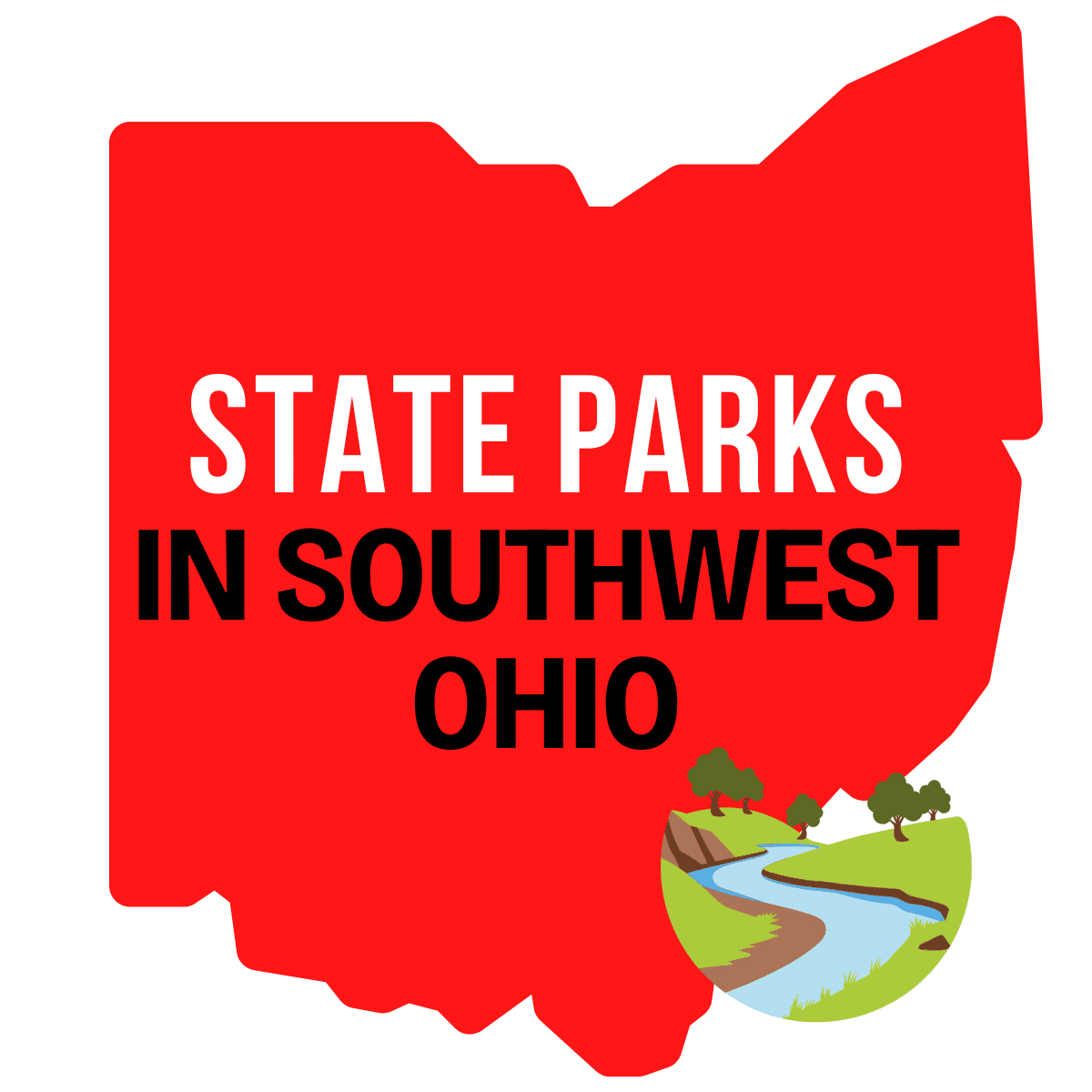 square image with a large red map of Ohio containing the text State Parks in Southwest Ohio